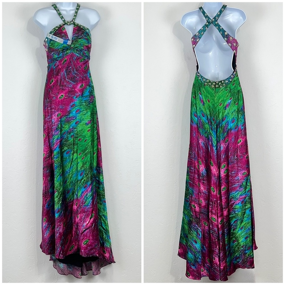 Night Moves Hoco Evening Formal Maxi Dress Size 4 Peacock Beaded Halter Low Back